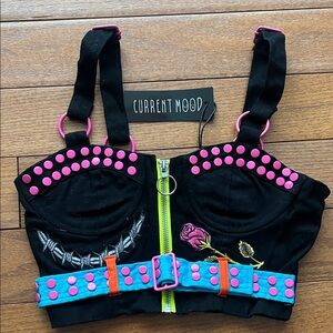 Current Mood Black and Pink Embroidered Crop Top